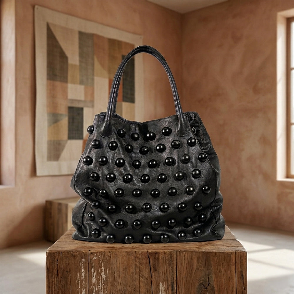 IREYKE Black Button Leather Tote