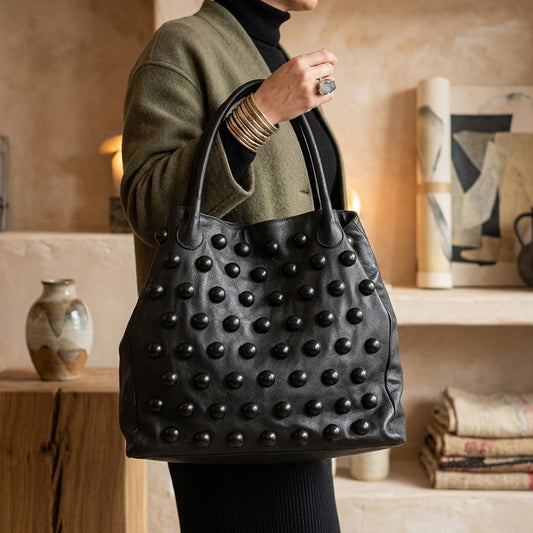 IREYKE Black Button Leather Tote